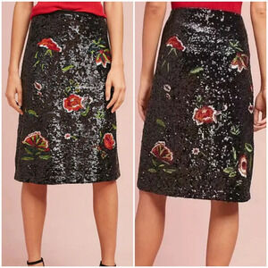 Anthropologie, New, Maeve Garden Glitz Black Sequin Embroidered Skirt Size 6